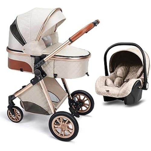 High Landscape Baby Stroller, Foldable Reversible Portable Stroller, Newborn Pushchair Buggy, Reclining Baby Carriage,Storage Basket, Suspension Wheels (Beige Without Base, 3 in 1 Without Base)