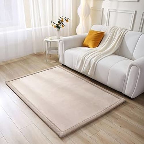 Stylish Coral Velvet Baby Play Mat for Floor 47" x 67" Beige – Soft 1" Thick High-Density Memory Foam Nursery Rug,Kids Rug with Non-Slip Backing for Crawling & Playing, Playroom Rug, Kids Carpet