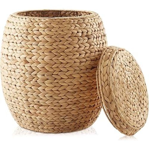 Casafield Round Storage Basket with Lid - Natural, Handwoven Water Hyacinth Organizer for Laundry, Blankets, Plants, Bedroom, Living Room, Home Office