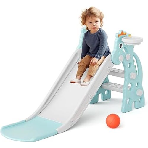 GLAF Toddler Slide Indoor for Toddlers 1-3 Baby Slide Outdoor Playset with Basketball Hoop and Ball Plastic Foldable Slides for Kids Backyard Climber Set (Mint)