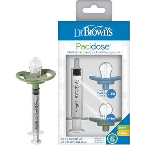 Dr. Brown's Pacidose Pacifier and Liquid Baby Medicine Dispenser with Oral Syringe and Two Sizes of Pacifier Bulbs - 0-6m and 6-18m