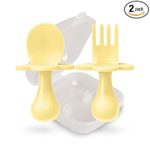 Grabease Baby Feeding Utensils Set - Infant and Baby Fork and Spoon for Ages 1-11 Months, BPAs and Phthalate-Free Cutlery, Plastic, 1 Set, Yellow