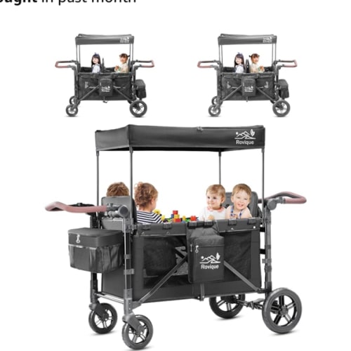 4 Seater Wagon Stroller,Foldable All-Terrain Quad Wagon Stroller with Canopy,Detachable Tray,Adjustable Handle, High Seat & Large Storage,Black