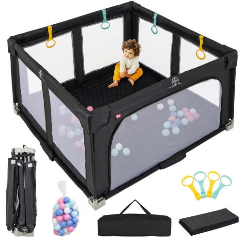 OLAKIDS Parc Pliable pour Bébé avec Tapis, 50” x 50” Grande Cour de Jeu pour Bébé avec 50 Balles d'Océan, 4 Poignées, Sac de Transport, Clôture Intérieure Extérieure Centre d'Activités pour Tout-Petits
