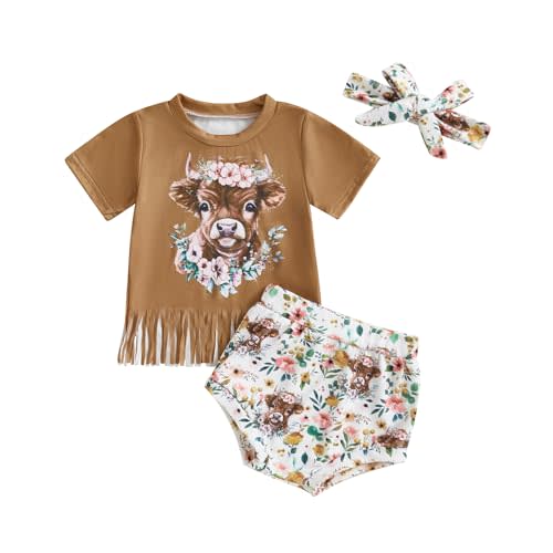 Fernvia Western Toddler Baby Girl Clothes Letter Short Sleeve T-Shirt Top + Tassel Shorts Outfits + Headband 3Pcs Set