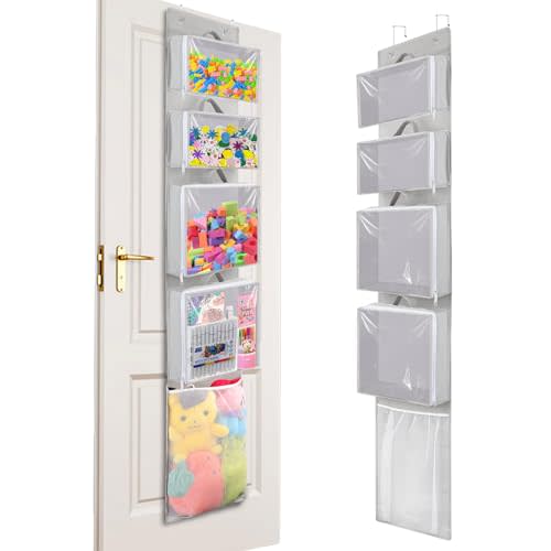 Woodoulogy Over Door Organizer and Storage, Hanging Toy Holder with 4 Clear Removable Pouches, Toddler Room Wall Stuffed Animal Bag Case, Kids Playroom Closet Organization for Building Block, Puzzle