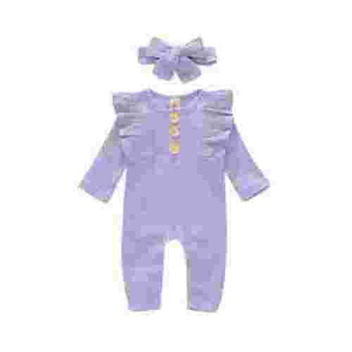 Esho Baby Girls Cotton Ruffled Romper + Headband Outfits Clothes Set Infants Long Sleeve Bodysuits, 0-18 Months