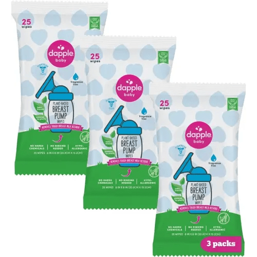 Breast Pump Wipes by Dapple Baby, Hypoallergenic & Powered by Plants, Removes Milk Residue, Leaves No Taste, Convenient Wipes Pouch, Fragrance Free, 25 Count (Pack of 3)