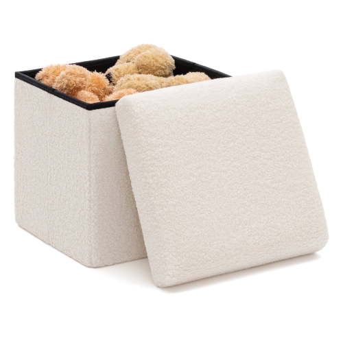 Lusimo Boucle Small ottoman with storage for living room, 12" Folding storage bench Foot Rest, End of Bed Bench for Bedroom Entryway, Faux Shearling Fabric Cube Seat White