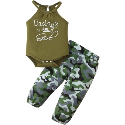 SUNNY PIGGY Baby Girl Clothes Newborn Outfits Halter Sleeveless Romper Camo Pants 2PC Sets Summer Clothing