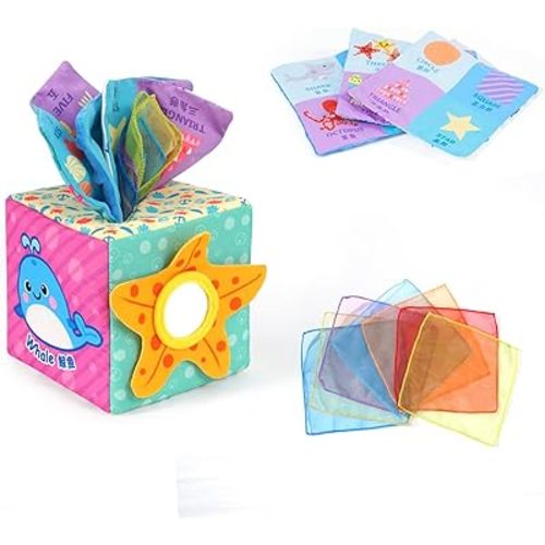 Baby Square Tissue Box Toy, Baby Sensory Toys Musical Toys Montessori Toys Crinkle Toys Colorful Soft Scarf Box for 6 9 12 Months Toddlers Infants Newborns Gift(Sea)