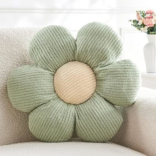 Flower Throw Pillow,Sage Green Flower Shaped Pillow Decorative Throw Pillows for Sofa, Couch,Bed,15.7'' Soft Daisy Pillow Floor Seating Cushion for Home Decor