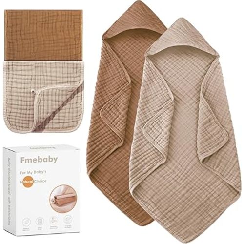 2 Pack Muslin Hooded Baby Bath Towels and 2 Pack WashCloth Set, 36x36 Inch Soft Cotton Bath Towel Baby Wipes Absorbent Bath Face Towels Burp Cloths Face Towels for Girl Boy(Coffee and Apricot)