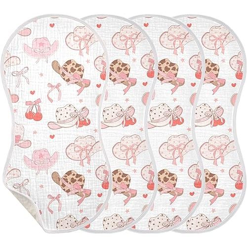 Western Pinks Cowgirl Hat Burp Cloths Baby Boys Girls Absorbent Soft Cotton Burping Cloths Rags, 4 Pack