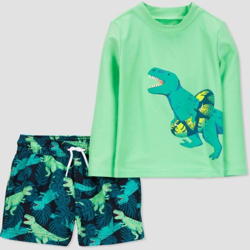 Carter's Just One You®️ Baby Boys' Long Sleeve Dinosaur Printed Rash Guard Set - Green 18M: UPF 50+, Elastic Waistband
