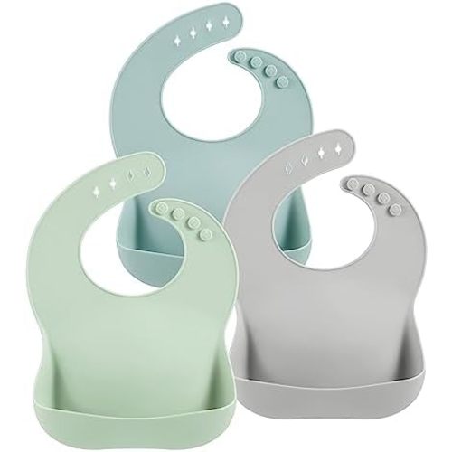 PandaEar Set of 3 Silicone Baby Bibs, Waterproof Soft Adjustable Bibs for Babies Toddlers 10-72 Months