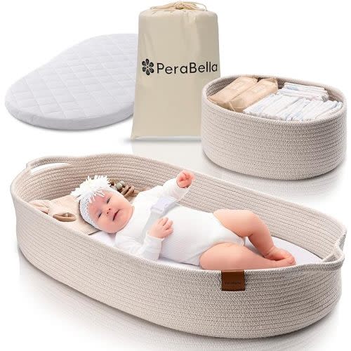 Baby Changing Basket for Baby Dresser, Moses Basket for Babies, Cotton Rope Diaper Changing Basket, Unisex Baby Moses Basket, Foam Diaper Changing Pad for Dresser, Changing Table Topper for Dresser - Silky White