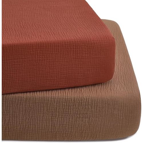 TILLYOU 2 Pack Muslin Crib Sheet for Boys and Girls - 100% Cotton Fitted Crib Sheet for Toddler Standard Crib Mattress, Soft and Breathable, 52"x28"x8",Caramel&Brown