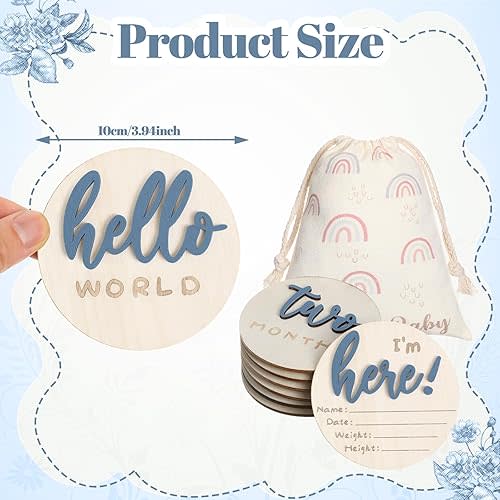 3D Baby Milestone Wooden Circles Hello World Newborn Sign 7 Pack Double Sided Monthly Milestone Cards Sign Baby Announcement Sign for Newborn Shower Photo Props (Slate Blue)