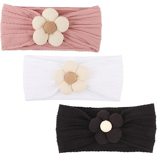DRESHOW BQUBO Baby Flower Headbands Baby Girls Nylon Headbands Stretchy Hairbands Handmade Hair Accessories for Newborn Infant Toddlers Kids Baby Essentials 3 Pcs