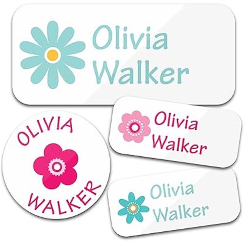 Personalized Daycare Name Labels for Kids (130 Labels) - Custom Waterproof Name Stickers for Clothing Tags, Water Bottles, Lunch Boxes and School Supplies (Flowers)