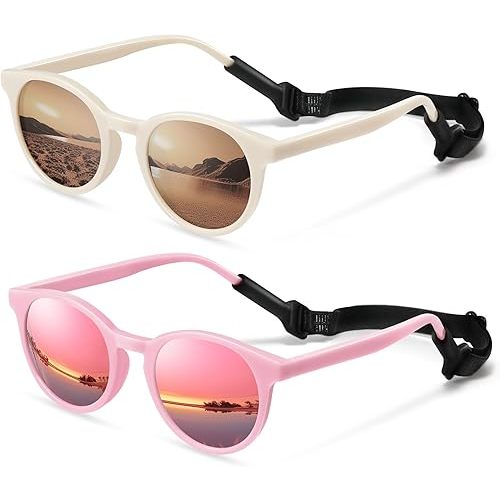 Cute Kids Polarized Sunglasses,Baby Sun Glasses with Strap for Toddler Girls Boys Flexible Round UV400 Protection