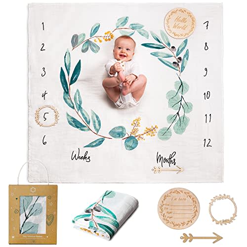 Baby Milestone Blanket | Cotton Muslin Blanket | Monthly Milestone Blanket for Baby Boy or Girl, Unisex | Newborn Baby Shower Present for New Mums | Flowers & Leaves Theme | Includes Wooden Frames