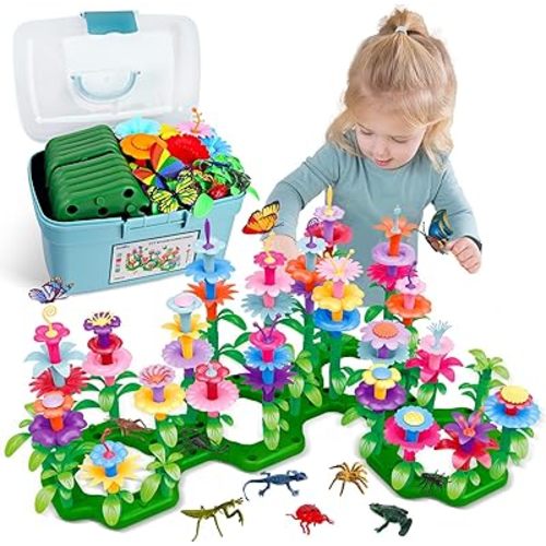 Birthday Toys Gifts for 2 3 4 5 6 Years Old Toddler Girls Boys, 156 PCS Insect Flower Garden Building Educational STEM Learning Pretend Play Gardening Set, Gifts for Preschool Kids Age 2+