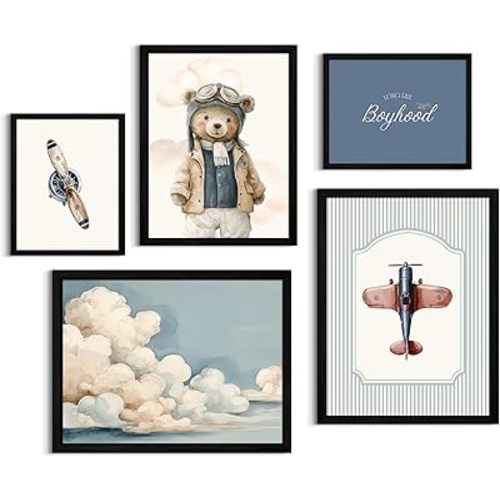 Teddy Bear Nursery Wall Art Decor Vintage Boy Room Pictures Baby Boy Nursery Canvas Wall Decor Blue Vintage Airplane Poster Kids Travel Aviation Prints for Playroom Bedroom 8x10x5 Inch Framed