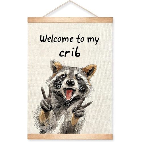 HEYJEEPER Welcome to My Crib Wall Art Decor,Funny Raccoon Posters,Man Cave Wall Hanging Decor for Playroom,Bedroom,Entryway,Dorm Room, Nursery 14x18Inch(To my crib-1)