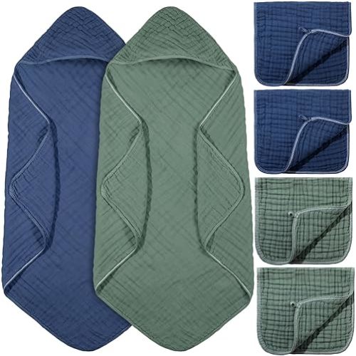 6 Pcs Baby Muslin Hooded Bath Towels and Washcloths, 32 x 32 Inch Muslin Cotton Hooded Baby Towels Absorbent Hooded Blankets for Gift Newborn Infant Baby Shower (Green,Blue)