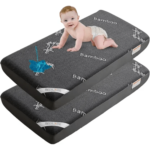 BEDLORE Waterproof Crib Mattress Protector 2 Pack, Ultra Soft Bamboo Viscose Crib Mattress Pad Cover, Noiseless Toddler Mattress Protector for Standard Baby Crib Mattress Size 52''x28'', Dark Gray