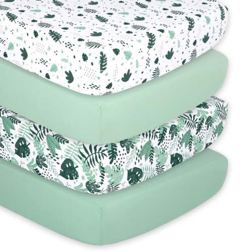 Peanutshell 4-Pack Fitted Crib Sheets, Green Botanical Leaf Design for Boys or Girls