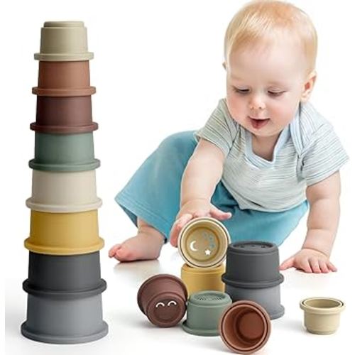 BOBXIN Stacking Cups Baby Building Toy, Nesting Cup Early Educational Toddlers Stacking Toy, 8 Pcs with Numbers & Pattern, Fun for Kid Baby 6-12 Months Play for Indoor/Outdoor/Bathtub/Beach