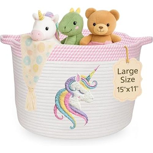 Unicorn Storage Basket for Nursery – Large 15”x11” Cotton Rope Bin with Soft Felt Animal Patch – Toy Organizer, Baby Laundry Hamper, Diaper & Towel Holder – Foldable, Washable & Baby-Safe