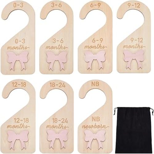 UNICRAFTALE 7Pcs Wood Baby Closet Dividers Baby's Closet Organizer with Pink Bownot Baby Clothes Size Hanger Organizer from Newborn to 24 Months for Boho Nursery Decor 18X7.9cm