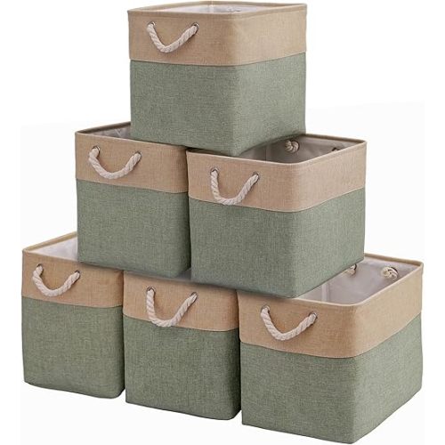 Large Cube Storage Baskets Organizer (10.5" x 10.5" x 11") for Clothes Toys Towel Books, Canvas Fabric Sturdy Collapsible Storage Boxes with Cotton Handles for Closet, Shelves (Green/Brown, 6 Pack)