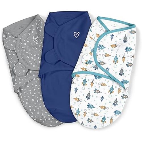 SwaddleMe by Ingenuity Original Swaddle with Easy-Change, 100% Cotton, Improves Sleep & Calms Startle Reflex, 3-6 Months, 3-Pack - Superstar