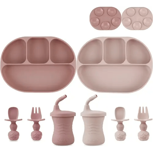 PandaEar 2 Silicone Suction Plate with 2 Tiny Sippy Cup and 2 Spoon 2 Fork for Self-Feeding, Divided Toddler Plate, 100% Silicone Baby Food Plate, BPA Free, 8 Pcs Silicone Baby Feeding Set