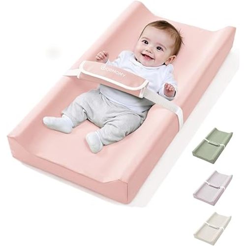 COMOMY Baby Changing Pad with Wipeable & Waterproof PU Cover, Contoured Diaper Changing Pad for Dresser with Non-Slip Safety Belt, Portable and Lightweight, Large Cushioned Foam, Pink