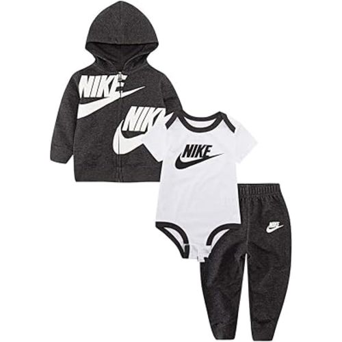 Nike Baby Boys Full Zip Hoodie, Short Sleeve Bodysuit & Pants 3 Piece Set (Black Heather(5UF468-K08)/White, 3 Months)