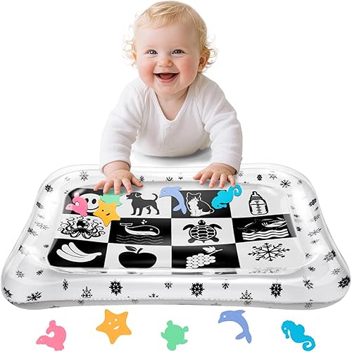 Newborn Infant Tummy Time Water Play Mat – Black and White High Contrast Water Mat for Baby, Girls or Boys - Promotes Core Strength and Motor Skills, Portable Montessori Toys for Babies 1-9 Months
