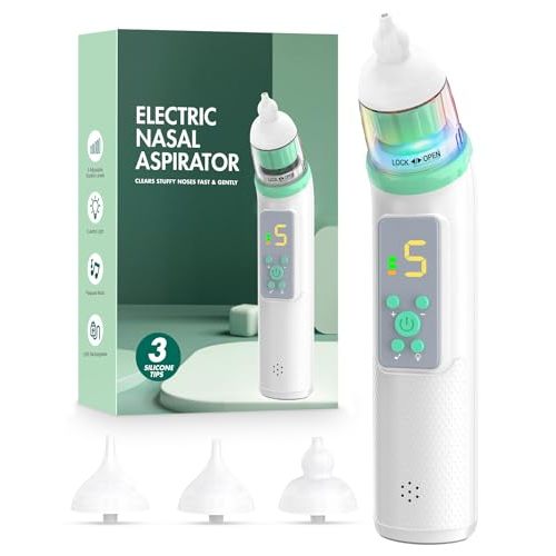 Nasal Aspirator for Baby, Electric Baby Nose Sucker with Adjustable 5 Levels Suction, Baby Nasal Aspirator with Music and Lights, Nose Sucker for Toddler with 3 Tips, Green