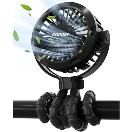 Mini Portable Baby Stroller Fan,3 Speed Personal Handheld Fan,Battery Operated Rechargeable 360° Flexible Tripod Cooling Fan, Suitable for Car Seat Crib Treadmill Golf Cart Travel(Black)