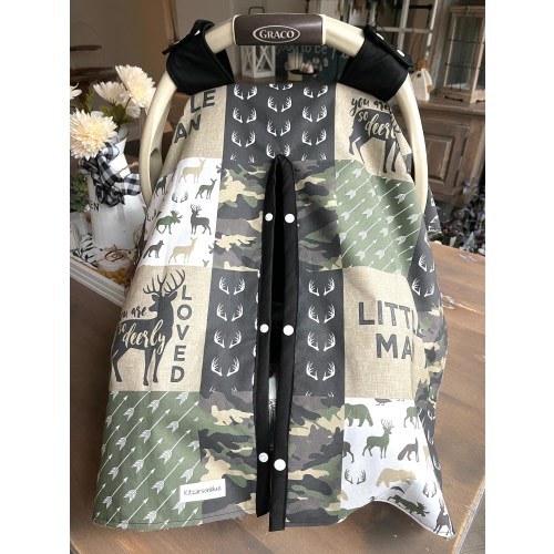 Cute Baby Car Seat Canopy Cover - Little Man Woodland Animal & Camo - All Cotton or Minky - Baby Boy - Baby Shower Gift