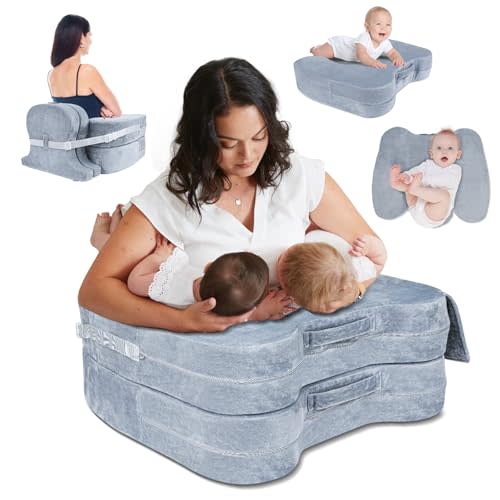 EKEPE Nursing & Lounge Pillow for Twins, Breastfeeding Pillow Plus Size for Baby with Back Support and Adjustable Height, Multifunctional Baby Breast Feeding Pillow for Twin 0-12 Months - Grey