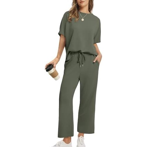 SAMPEEL Two Piece Sets for Women Summer Outfits Oversized Wide Leg Crop Pants Lounge Sets Airport Beach Vacation Clothes