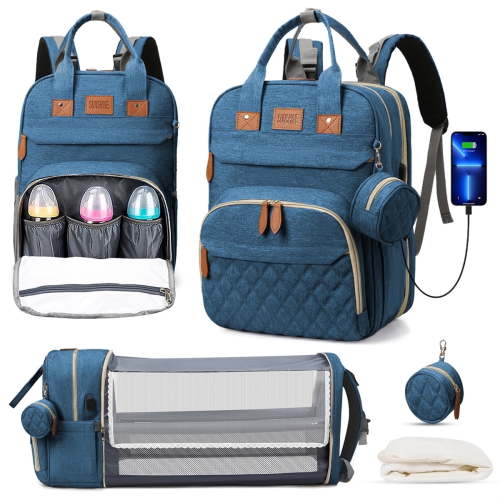 GPED Diaper Bag Backpack with Changing Station USB Charging Port Foldable Crib Large Capacity Travel Bag Blue