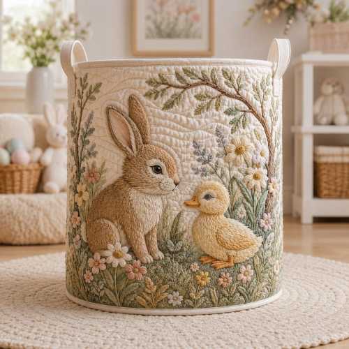 Woodland Bunny Storage Basket, Nursery Laundry Hamper, Rabbit & Duckling Toy Organizer, Baby Shower Gift, Spring Room Decor