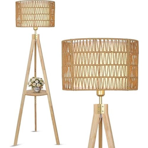 Oak Wood Tripod Floor Lamps for Living Room, Boho Floor Lamp with Shelves, Mid Century Rattan Standing Lamp with Fabric Shade, ON/Off Switch, Farmhouse Tall Floor Lamps for Bedroom Office